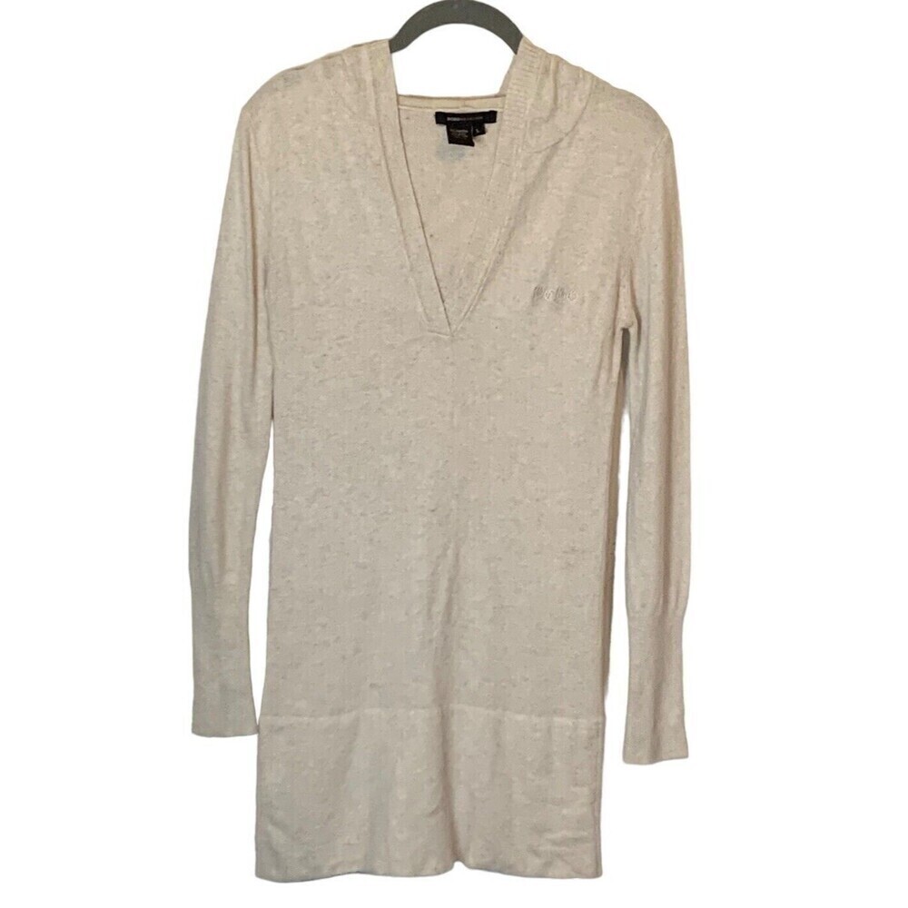 BCBG Max Azria Long Hooded Sweater Angora Blend Size L Ivory 2010s Long Sleeve